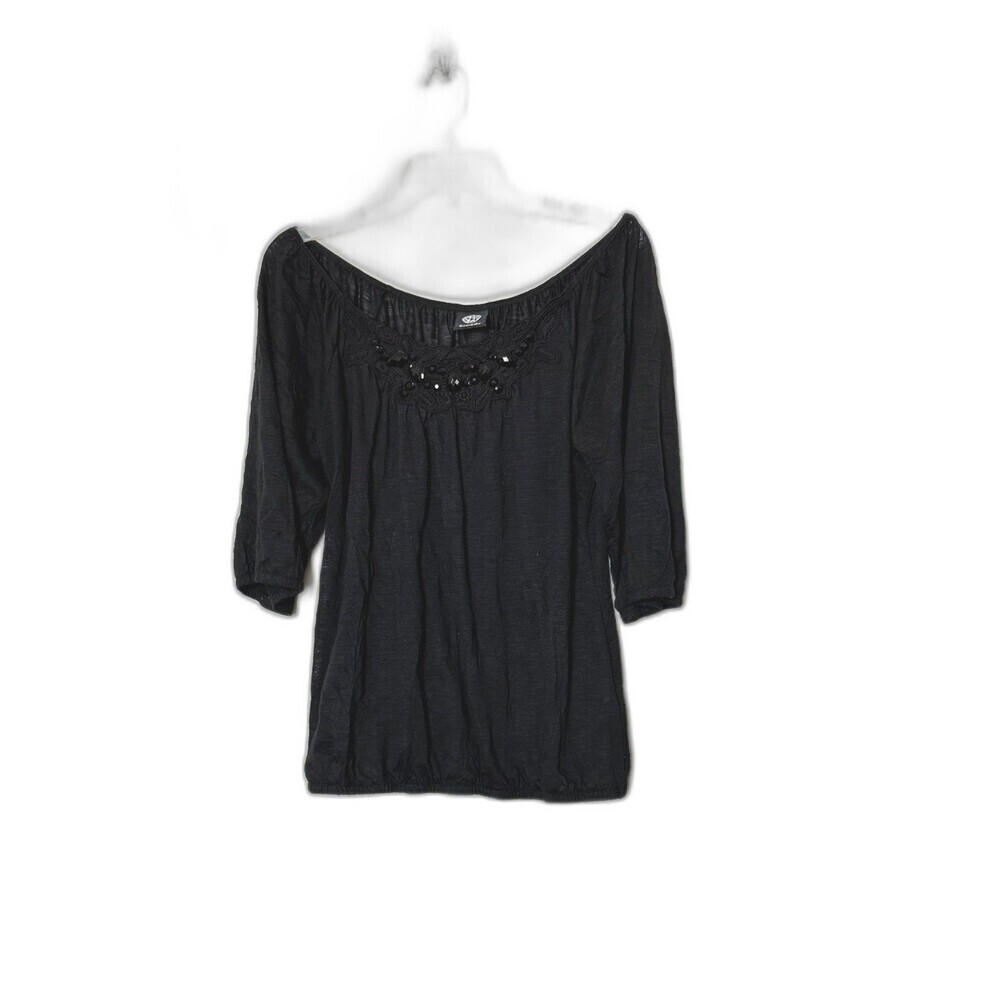 Y2K Bobeau Black Top Crochet  And Beaded Size Large Off Shoulder USA